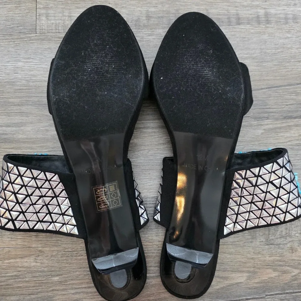 Midnight Velvet Turquoise Crystal Embellished Mule Heels Black Suede Size 12M